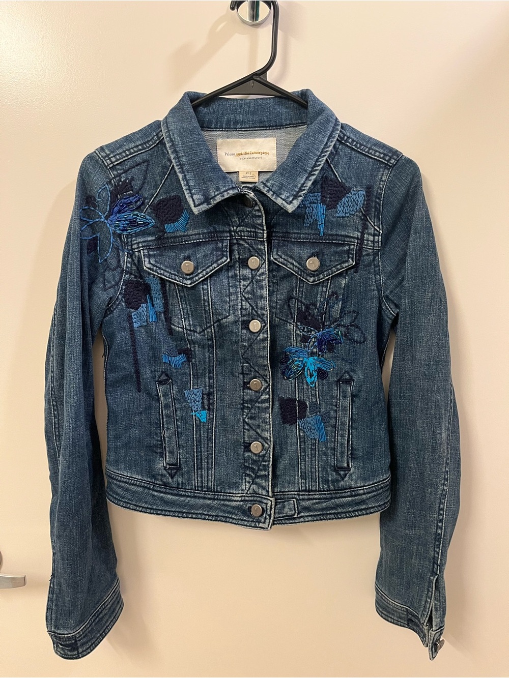 Anthropologie Blue Embroidered Denim Jacket